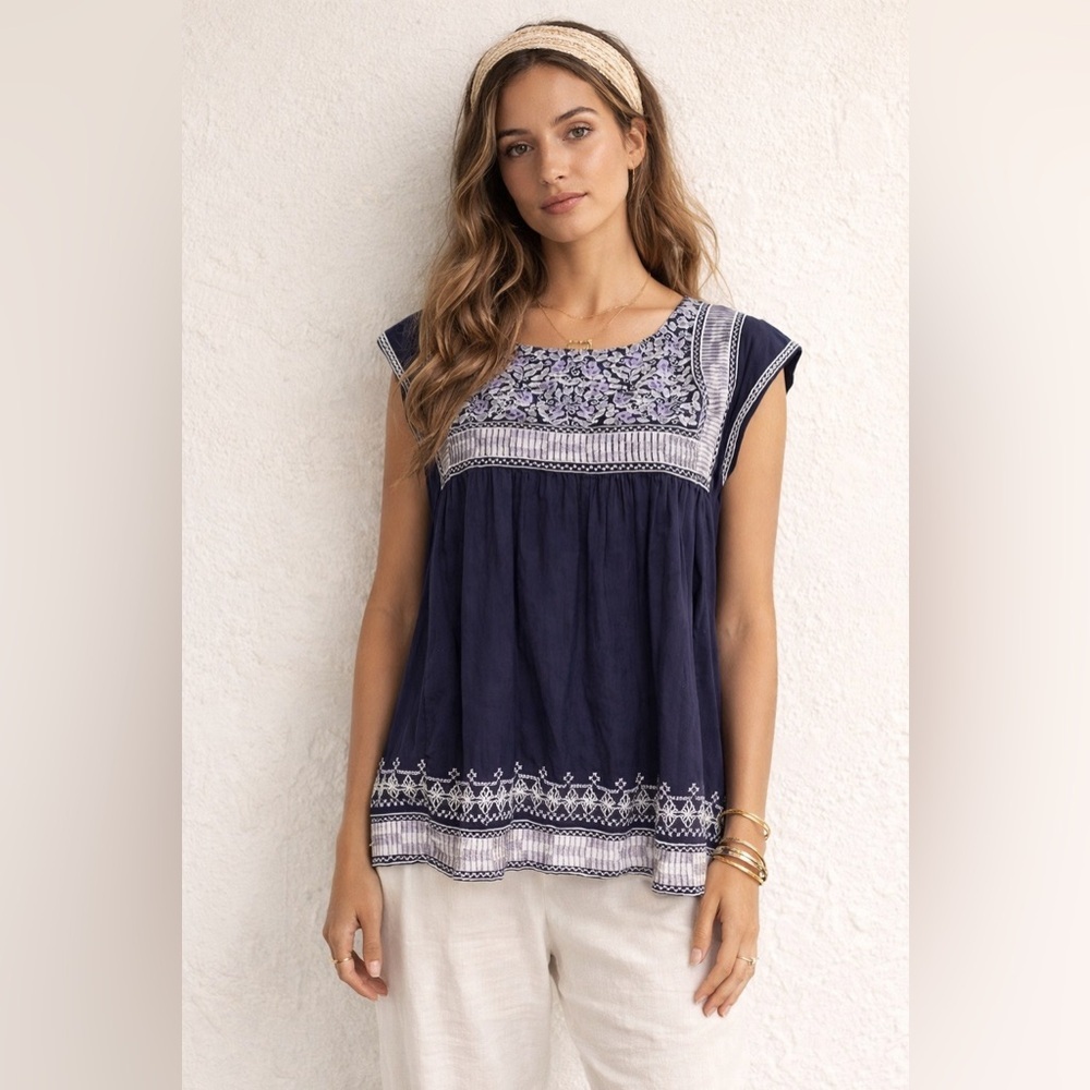 SUNO Floral boho embroidered Navy Women's Top 6